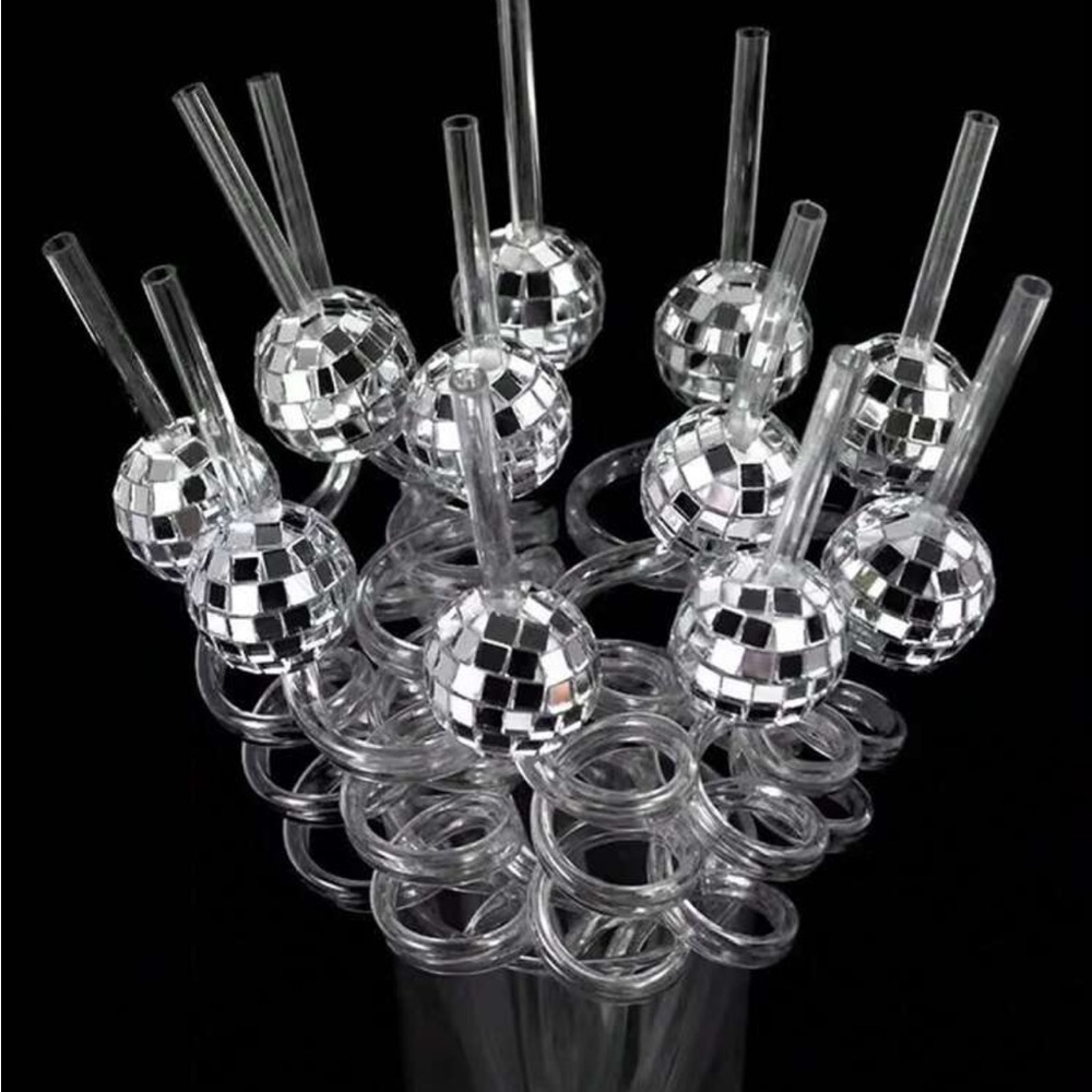 Silver Disco Ball Spiral Drinking Straws - Party Pack (set of 12)